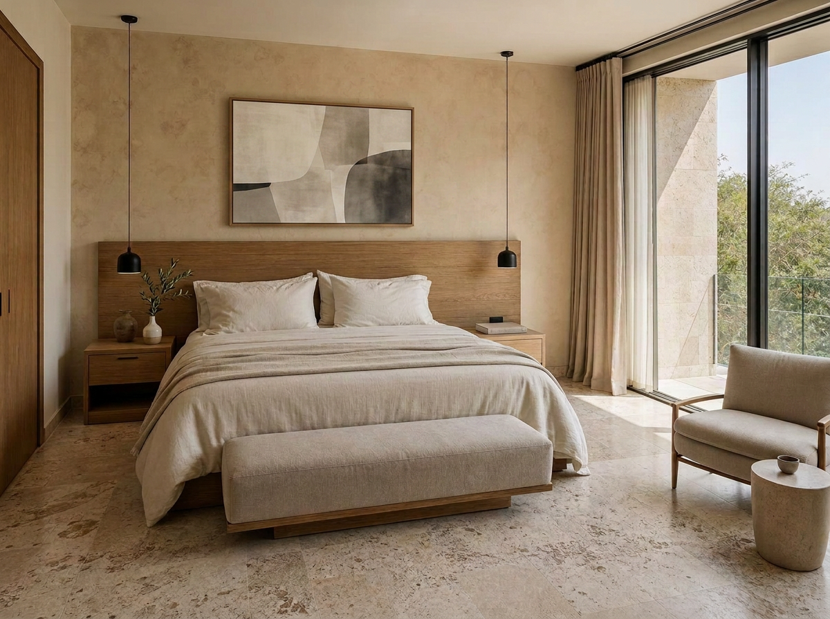 01 — Wide shot — quiet luxury hotel suite
