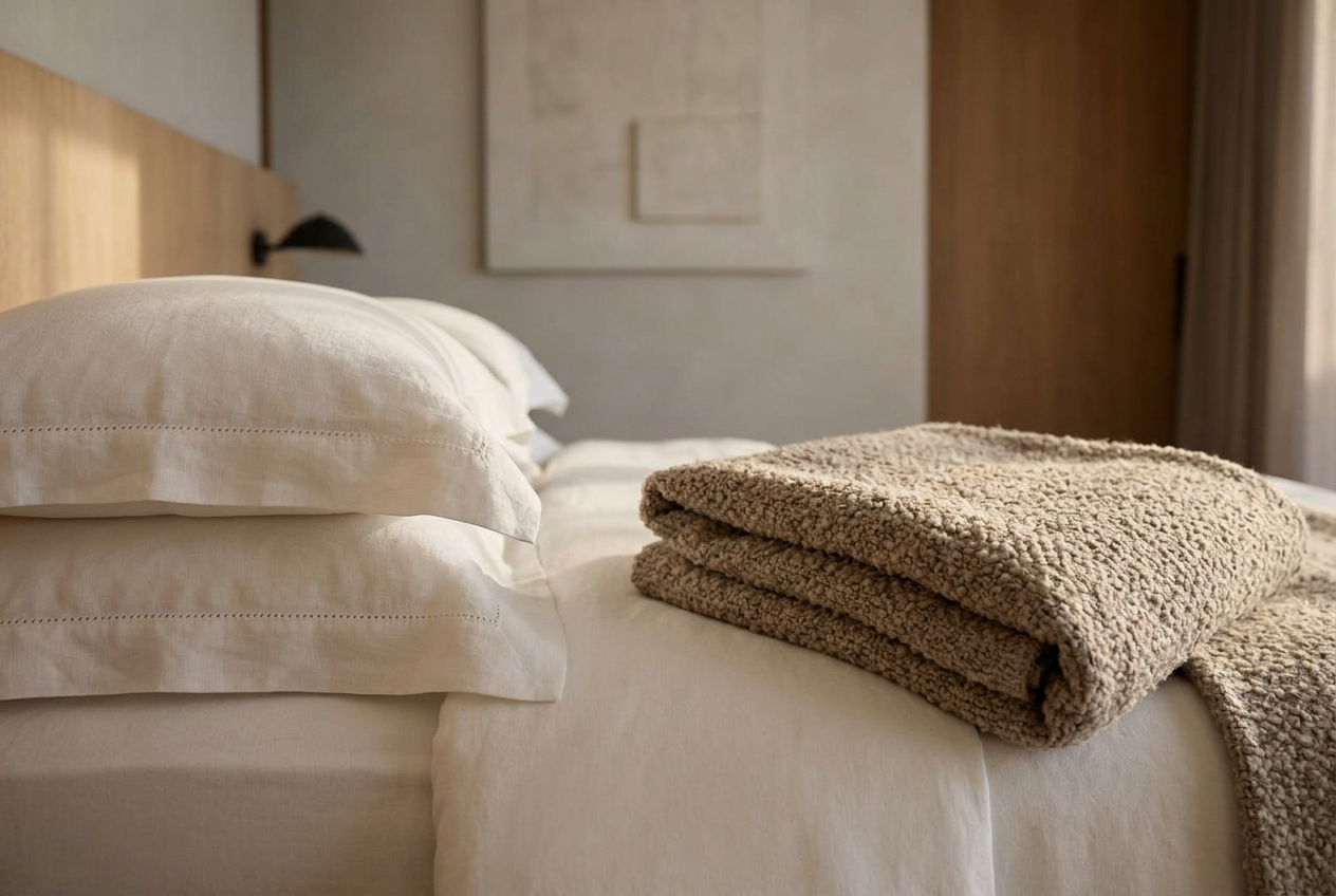 Close detail of the linen bedding in the same suite